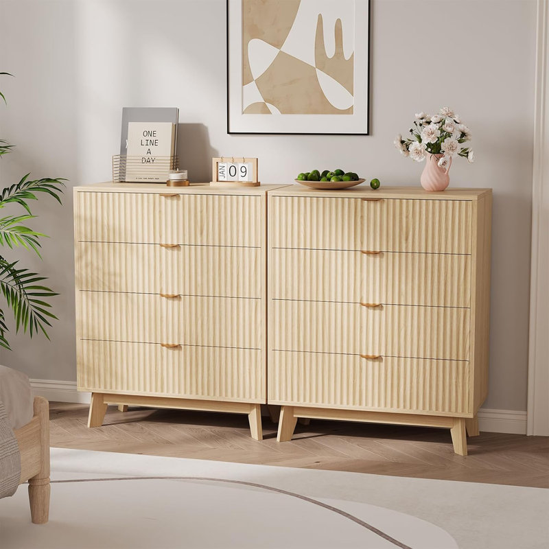 Ensemble de 2 commodes 4 tiroirs, 2 tiroirs de style Mid-Century, table d'appoint ondulée