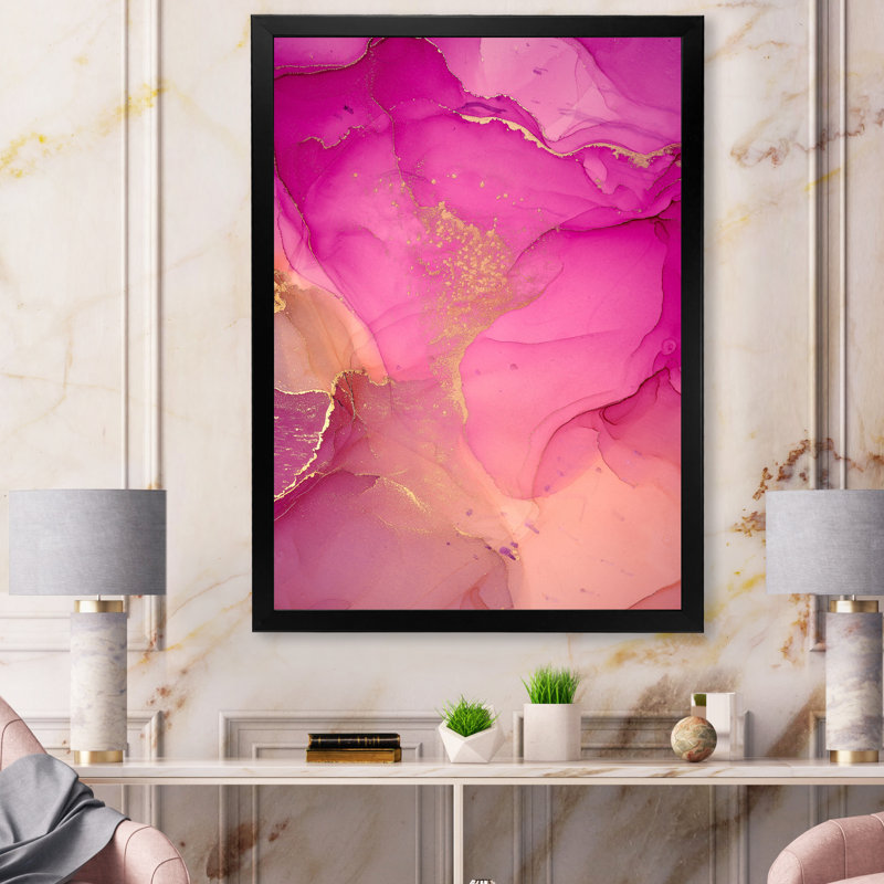 «Pink and Gold Ink Clouds», reproduction d'art sur toile abstraite, H 32 po x l 16 po x P 1 po, Cadre photo noir