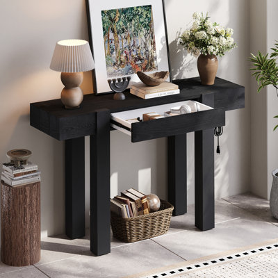 Console rustique minimaliste avec tiroir caché, prise de courant latérale, table d'entrée en bois pour les entrées, les salons et les bureaux à domicile (noir)