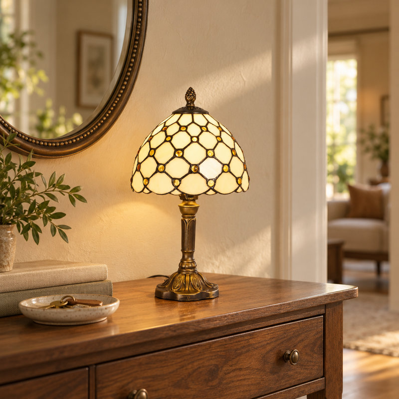 Tiffany-Style Table Lamp with Ivory Glass Shade and Antique Bronze Finish, 1-Warm Light, E26 Base