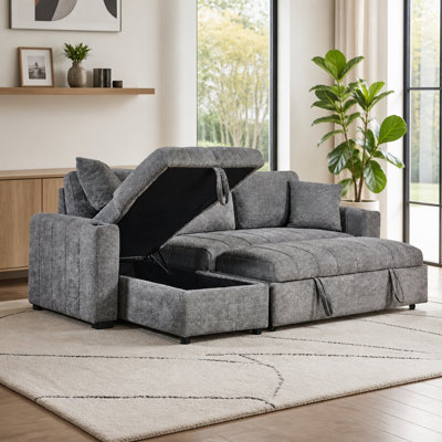 Canapé-lit modulaire réversible en tissu gris de 96 po Noemi II avec méridienne de rangement, porte-gobelets, port de chargement USB et coussins décoratifs