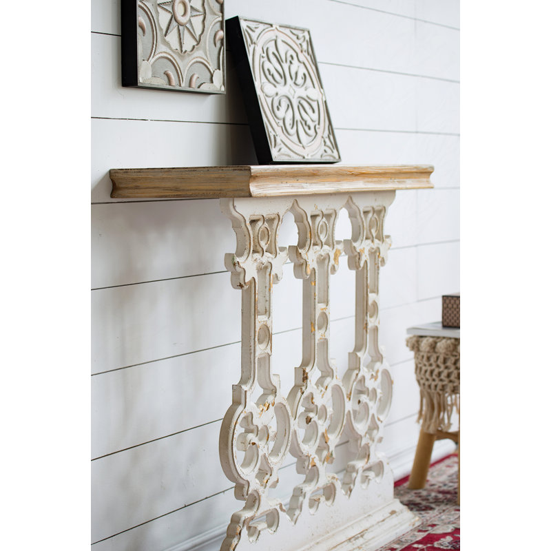 Console 32 po x 12 po x 32 po classique blanc délavé avec plateau en bois brun