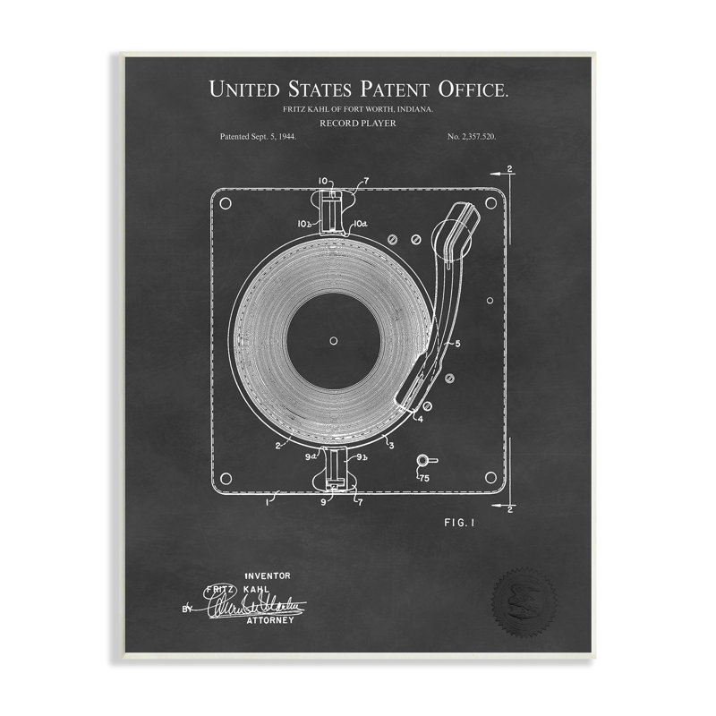 Platine tourne-disque, diagramme, schéma de brevet, texte de Karl Hronek - impression, Plaque murale, L 10 po x H 10 po