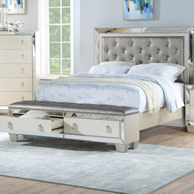 Glam Luxurious 1pc California King Size Bed w Drawers Footboard Silver Mirror Accents Tufted Headboard Bedroom Furniture