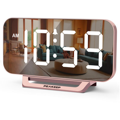 Slim Digital Alarm Clock With Mirror Led Display, Plug-In Electric Desk Clock With 6-Level Dimmer, Battery Backup And Adjustable Alarm Volume For Bedroom, Office