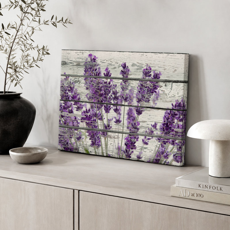 Purple Lavender Flowers On Wood Effect Background Artwork, Retro Rustic Wall Pictures, Large Framed Canvas Giclée Print Wall Art