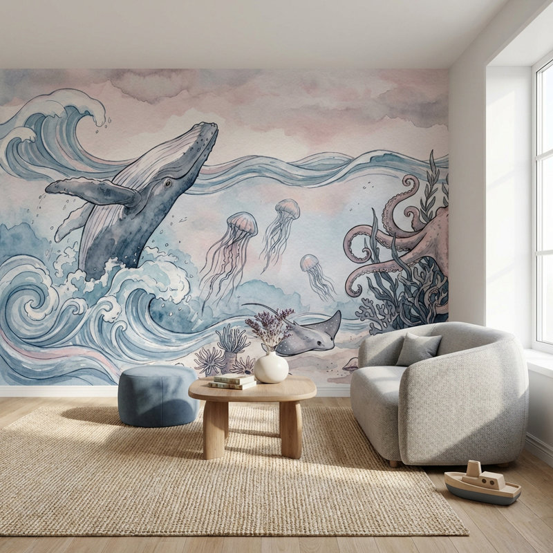 Murale de pieuvre sous-marine, 160 po x 108 po, Peler et coller
