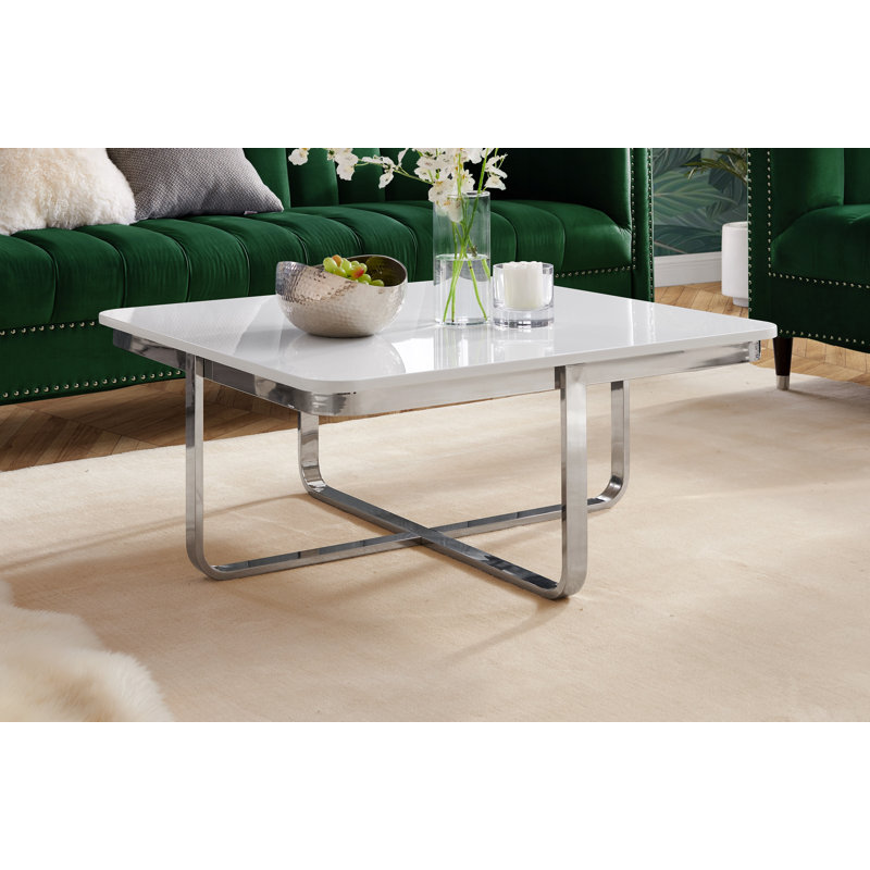 Aili Pedestal Coffee Table with Storage For Bedroom, White/Chrome