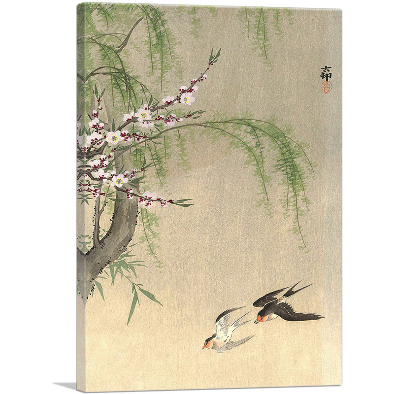 «Two Barn Swallows in Flight with Willow Branch and Flowering Cherry» par Ohara Koson - reproduction d'art sur toile tendue