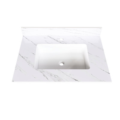 Dessus de meuble-lavabo en marbre blanc 31 po - Pierre frittée pour la salle de bain, lavabo rectangulaire, dosseret de 4 po, trous de robinet pré-percés, salle de bain durable et élégante avec attrait élevé