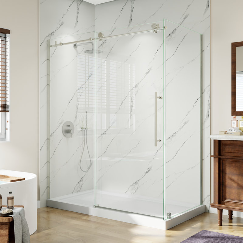 60" W X 36" D X 72" H Frameless Rectangle Sliding Shower Enclosure With 5/16" Clear Tempered Glass, Brushed Nickel