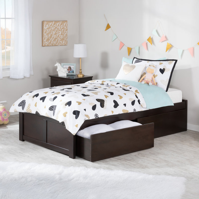 Lit plateforme en bois massif avec pied de lit et tiroirs de rangement Cullers, Espresso