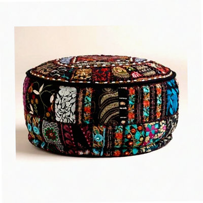 Ethnic Comfort Cotton Pouf - Black Patchwork Cover Ottoman Cushion with Embroidered Designs for Decorative Floor Seating by BRBCA