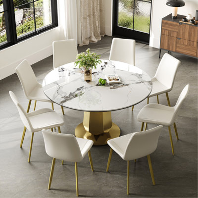 Table de salle à manger ronde de 53 pouces de luxe avec plateau en verre fumé, table de cuisine moderne pour 4 à 8 personnes, base en acier inoxydable doré et assemblage facile, table de petit-déjeuner peu encombrante pour les appartements