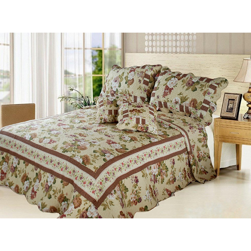 Elegant Modern & Contemporary Cotton Floral Quilt, Queen Quilt + 2 Standard Shams