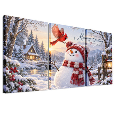 «Snowman in Red Knit», ensemble de 3 toiles