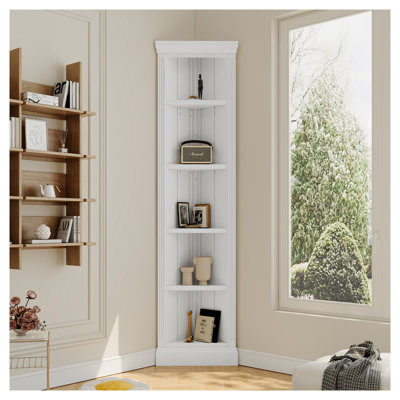 Étagère d'angle moderne de 212 cm de haut, bibliothèque ouverte à 5 niveaux et support à plantes, idéale pour le salon ou le bureau, blanche.