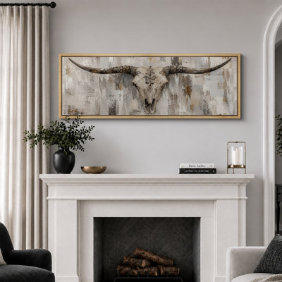 «Rustic Longhorn Skull Western Farmhouse Living Room Decor Extra Large», reproduction d'art sur toile encadrée