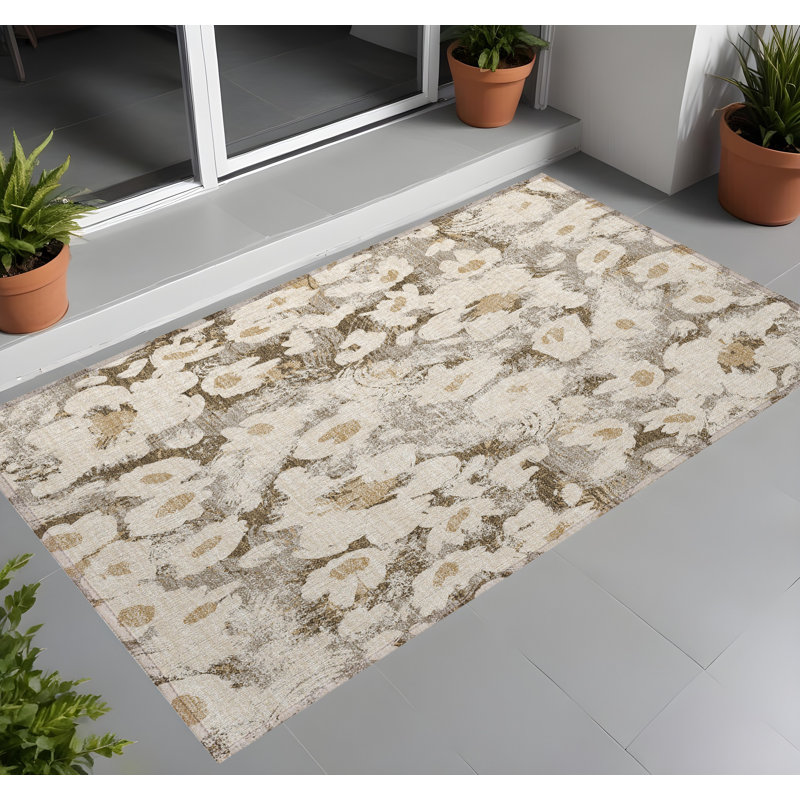 2' X 3' Khaki Floral Washable Non Skid Indoor Outdoor Area Rug