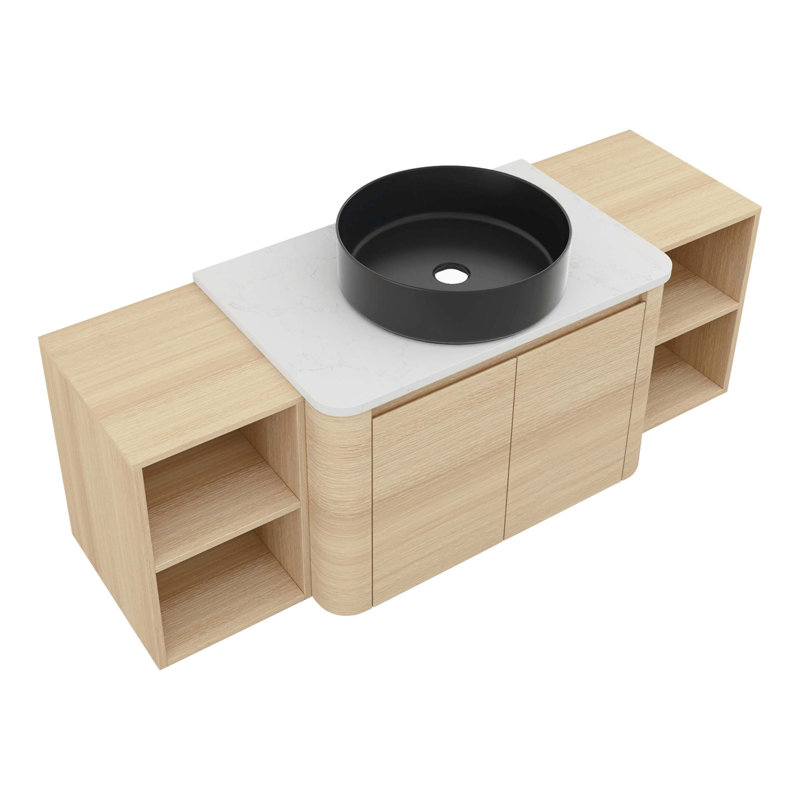Meuble-lavabo mural de 54 po avec lavabo d'art en céramique, 2 tablettes de rangement et portes à fermeture en douceur, peu encombrant et élégant