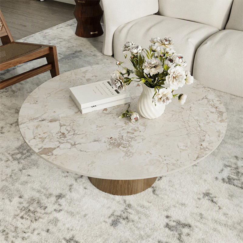 Table basse ronde en pierre et table basse en bois, H 17,44 po x L 41,73 po x l 41,73 po, Blanc pur, Dark Walnut