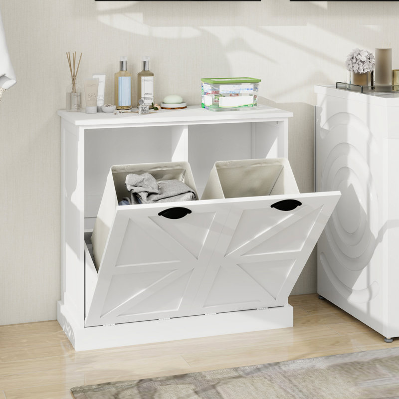 Tilt-Out Laundry Sorter Cabinet In White. Elegant & Practical Design. Removable Cloth Bags For Sorting. E1 , . Waterproof . Stable With . Assembly Required Manual. 100-Pound Load Capacity White Two