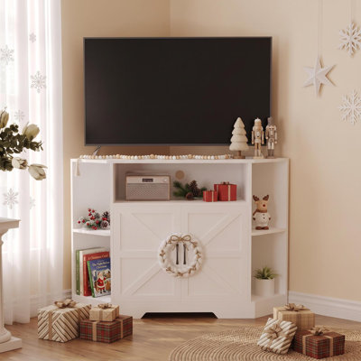 Meuble télé d'angle pour téléviseurs jusqu'à 65 pouces, centre multimédia gain de place avec portes coulissantes de style grange, étagères de rangement réglables et prise électrique, console multimédia pour salon