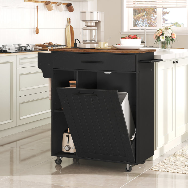 Kitchen Island, Kitchen Trash Cabinet, Kitchen Cart With Trash Can Cabinet, Wooden Tilted Trash Cabinet