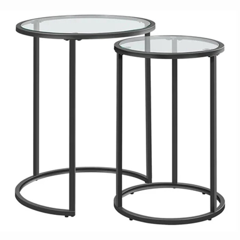 Round Metal Nesting End Table Set of 2 with Glass Top, Black