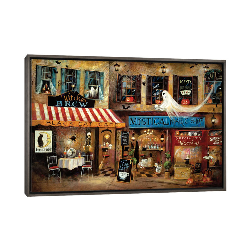 Mystical Magic Shop par Ruane Manning - reproduction d'art, H 26 po x l 40 po x P 1,5 po, Toile avec cadre gris, Aucun mat
