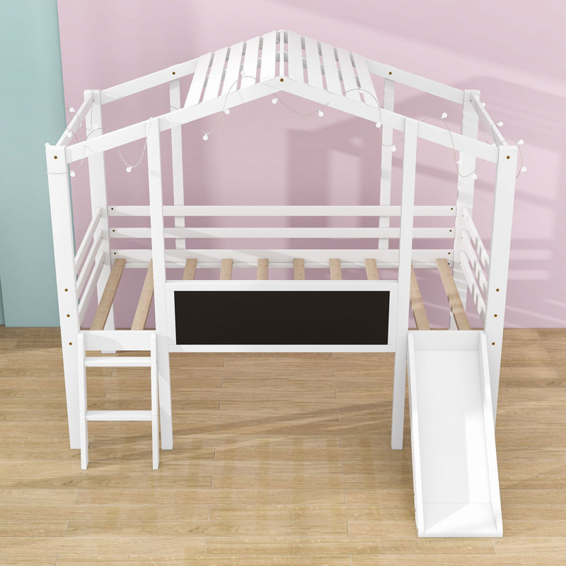 Schintzel Kids Twin Size Wood Loft Bed with Blackboard, Slide and Light Strip, White