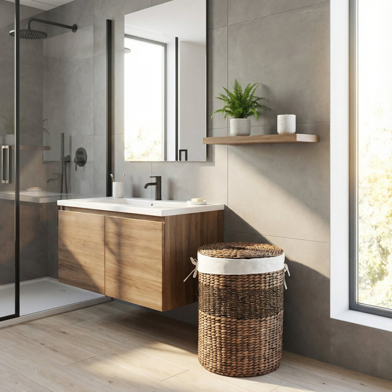 Abercromby Water Hyacinth Round Laundry Hamper with Lid, Dark Brown 15 in – Wicker Laundry Basket with Removable Liner for Dirty Clothes, Bedroom or Bathroom