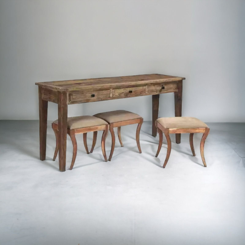 Jae Sofa Table, Console Table with 3 Upholstered Stools, Made with Solid Wood, 76x22x36