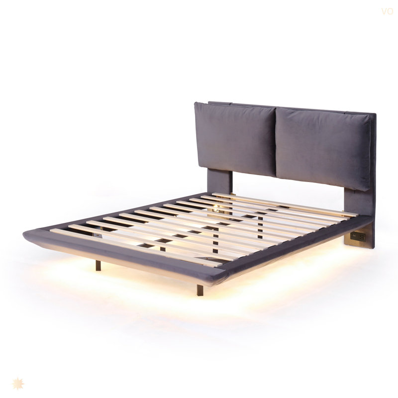 Full Size Upholstered Platform Bed With Sensor Light And 2 Large Backrests, Stylish Platform Bed With 2 Sets Of USB Port And Socket On Each Rear Bed Leg