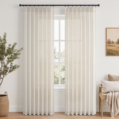 Rideaux en lin plissés, plis semi-transparents filtrant la lumière avec crochets et anneaux, rideaux à passants, ensemble de 2