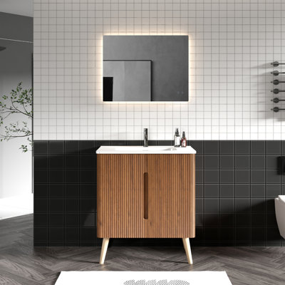 Armoire de salle de bain 30 po - Texture noyer rayé, bords arrondis modernes, grand rangement, avec évier, noyer moderne autoportant et mural, pour porte à fermeture douce, espace de rangement, lavabo