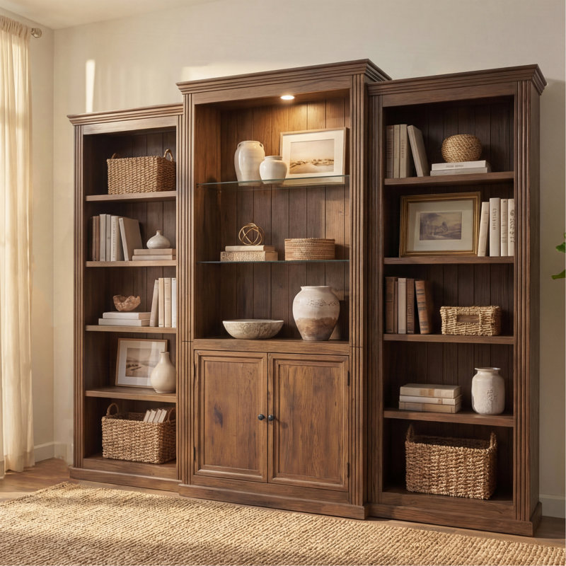 Bibliothèque de 78,75 po de hauteur, 3 pièces, vitrine avec plafonnier à DEL, bibliothèques de style rétro avec tablettes en verre trempé pour le salon, le bureau, le studio ou l'espace de travail, brun