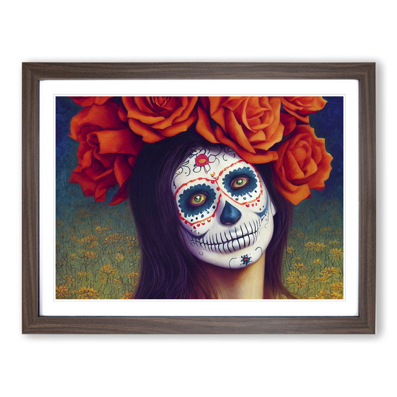Sugar Skull Woman Vol.2 1 Piece Single Picture Frame Wall Art, 46cm H x 64cm W x 2cm D, Walnut Framed