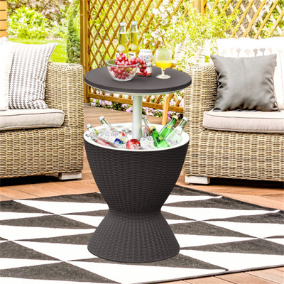 Table d'appoint de 8 gallons avec plateau de table extensible en rotin et hauteur réglable, refroidisseur de boisson pour terrasse avec capacité de charge de 165 lb et bouchon de drain