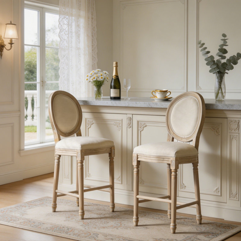 Chaises de bar Amando d'une hauteur de 30 po, tabourets de bar rembourrés en bois massif, tabourets de bar en bois de style champêtre français classique, techniques de tréfilage et de sculpture