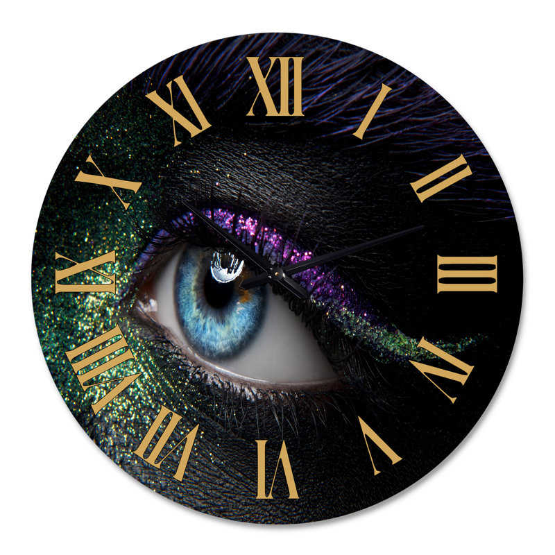 Female Eyes With Green & Purple Pigment & Sparkles - Modern Wall Clock, Large