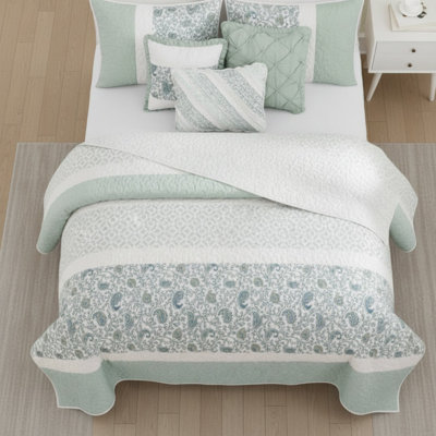 Ensemble de courtepointe 6 pièces en percale de coton avec coussins décoratifs turquoise
