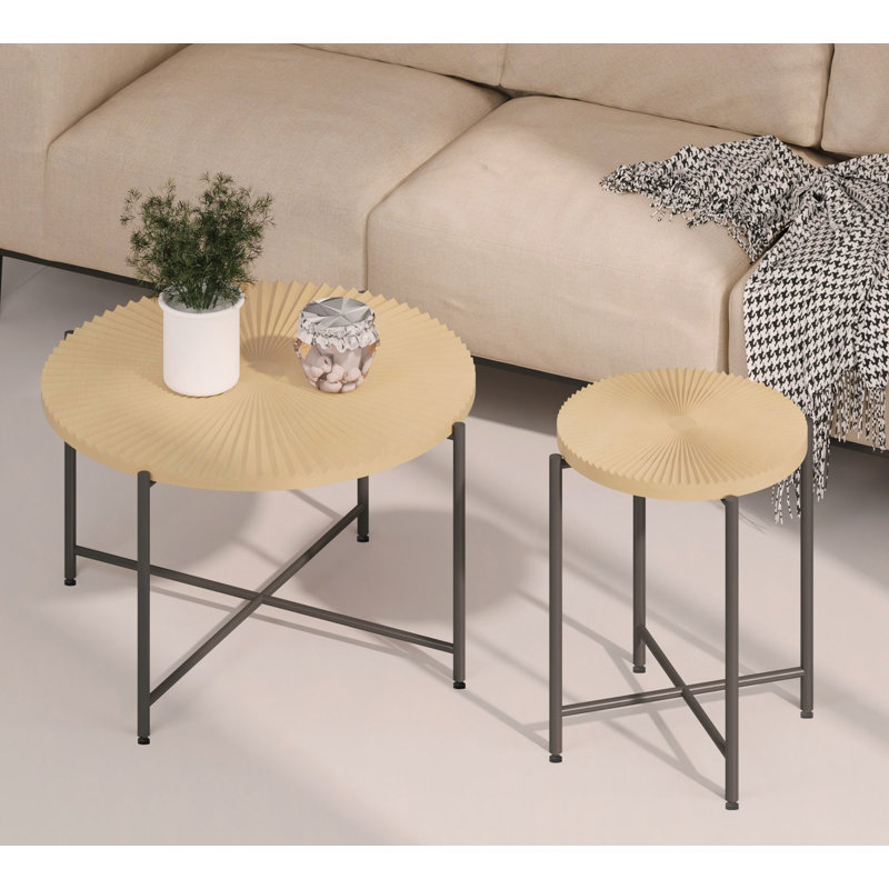 Ensemble de 2 tables basses et tables de bout, panneau de fibres à densité moyenne imperméable avec revêtement en PVC, conception cylindrique vieillie, pieds en métal noir, charme rustique classique