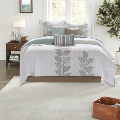Elegant 6-piece Cotton Bedding Set, Soft Blue And White Embroidered Quilt For Home Comfort