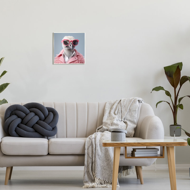 Az-137 - Autruche tendance encadrée en rose, H 12 po x l 12 po x P 0,5 po
