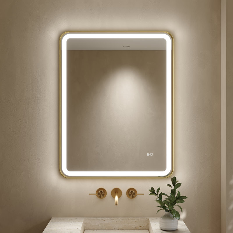 Morrisania Wall Mounted Bathroom Framed LED Mirror With Anti- Fog,Memory Function And Touch Sensor, 32" x 24", Brushed Gold