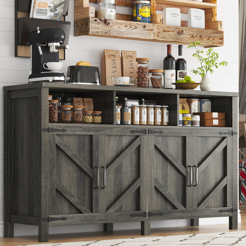 55" Large Buffet Sideboard with 4 Doors, Farmhouse Kitchen Storage Cabinet with Adjustable Shelves, Wooden Cabinet Sideboard and Coffee Bar Cabinet Table for Dining Room, Entryway, Dark Grey