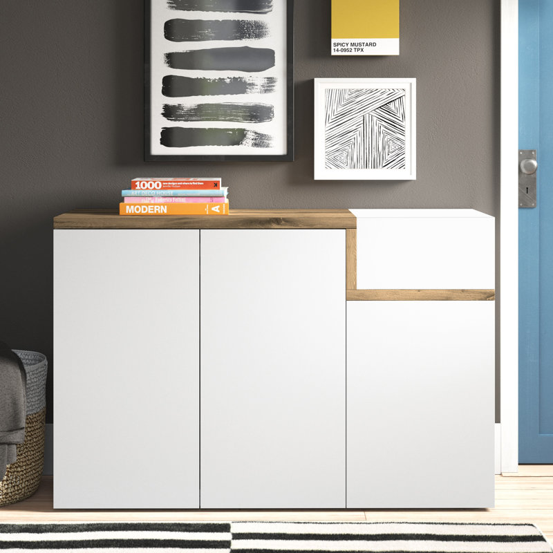 Meagher 18 Pair Shoe Storage Cabinet, Glossy White/Maple Pereira