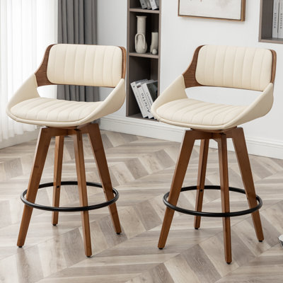 Swivel Yes Bamboo Poplar Walnut Solid Wood Faux Leather Bar Stool with Solid Wood Frame