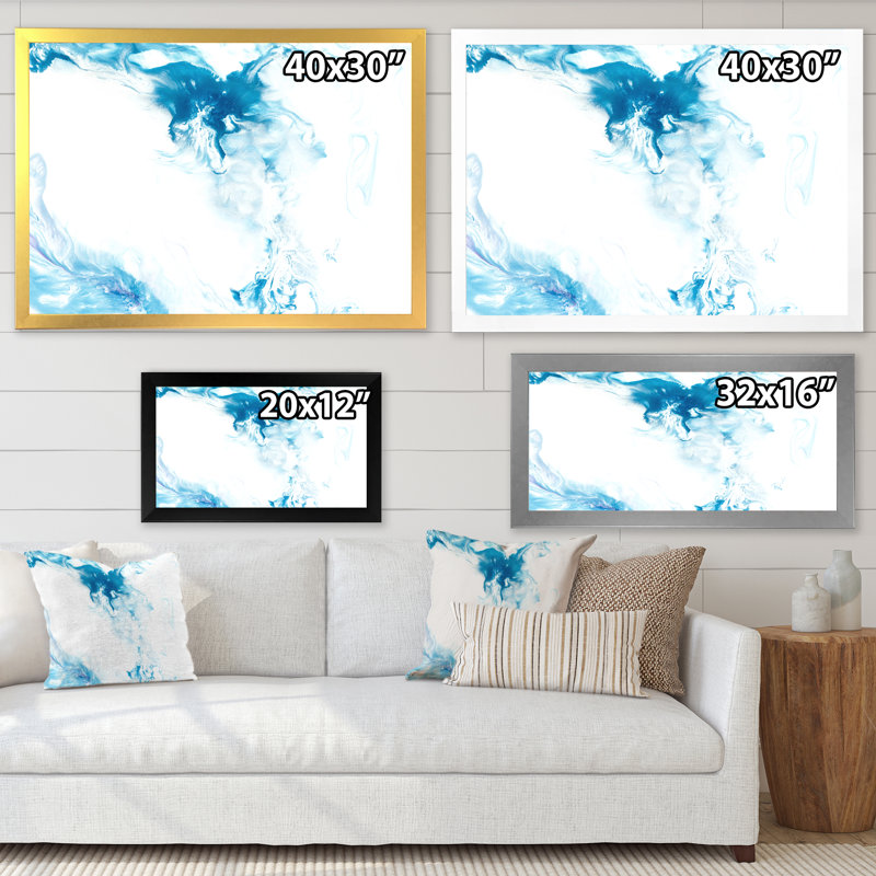Vague bleue liquide sur blanc I - Peinture sur toile, H 16 po x l 32 po, Cadre doré à coins fermés